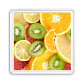 Магнит 55*55 с принтом Сочные фрукты в Новосибирске, Пластик | Размер: 65*65 мм; Размер печати: 55*55 мм | апельсин | грейпфрут | десерт | дольки | киви | кусочки фруктов | лайм | лимон | разрез | сечение | фреш | фрукты | цитрусовые