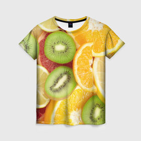 Женская футболка 3D с принтом Сочные фрукты в Новосибирске, 100% полиэфир ( синтетическое хлопкоподобное полотно) | прямой крой, круглый вырез горловины, длина до линии бедер | Тематика изображения на принте: апельсин | грейпфрут | десерт | дольки | киви | кусочки фруктов | лайм | лимон | разрез | сечение | фреш | фрукты | цитрусовые