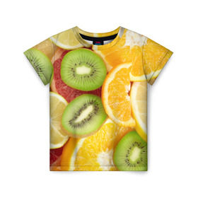 Детская футболка 3D с принтом Сочные фрукты в Новосибирске, 100% гипоаллергенный полиэфир | прямой крой, круглый вырез горловины, длина до линии бедер, чуть спущенное плечо, ткань немного тянется | Тематика изображения на принте: апельсин | грейпфрут | десерт | дольки | киви | кусочки фруктов | лайм | лимон | разрез | сечение | фреш | фрукты | цитрусовые