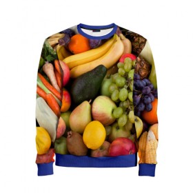 Детский свитшот 3D с принтом Спелые фрукты в Новосибирске, 100% полиэстер | свободная посадка, прямой крой, мягкая тканевая резинка на рукавах и понизу свитшота | Тематика изображения на принте: ананас | арбуз | банан | богатый урожай | виноград | горох | груша | еда | капуста | картофель | лук | морковь | овощи | огурец | перец | персик | слива | сочные плоды | томат | фасоль | фрукты | яблоко