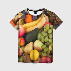 Женская футболка 3D с принтом Спелые фрукты в Новосибирске, 100% полиэфир ( синтетическое хлопкоподобное полотно) | прямой крой, круглый вырез горловины, длина до линии бедер | ананас | арбуз | банан | богатый урожай | виноград | горох | груша | еда | капуста | картофель | лук | морковь | овощи | огурец | перец | персик | слива | сочные плоды | томат | фасоль | фрукты | яблоко