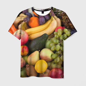 Мужская футболка 3D с принтом Спелые фрукты в Новосибирске, 100% полиэфир | прямой крой, круглый вырез горловины, длина до линии бедер | Тематика изображения на принте: ананас | арбуз | банан | богатый урожай | виноград | горох | груша | еда | капуста | картофель | лук | морковь | овощи | огурец | перец | персик | слива | сочные плоды | томат | фасоль | фрукты | яблоко