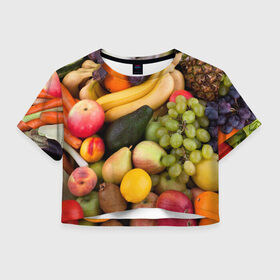 Женская футболка 3D укороченная с принтом Спелые фрукты в Новосибирске, 100% полиэстер | круглая горловина, длина футболки до линии талии, рукава с отворотами | ананас | арбуз | банан | богатый урожай | виноград | горох | груша | еда | капуста | картофель | лук | морковь | овощи | огурец | перец | персик | слива | сочные плоды | томат | фасоль | фрукты | яблоко