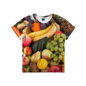 Детская футболка 3D с принтом Спелые фрукты в Новосибирске, 100% гипоаллергенный полиэфир | прямой крой, круглый вырез горловины, длина до линии бедер, чуть спущенное плечо, ткань немного тянется | Тематика изображения на принте: ананас | арбуз | банан | богатый урожай | виноград | горох | груша | еда | капуста | картофель | лук | морковь | овощи | огурец | перец | персик | слива | сочные плоды | томат | фасоль | фрукты | яблоко