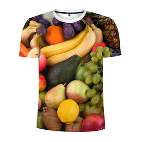 Мужская футболка 3D спортивная с принтом Спелые фрукты в Новосибирске, 100% полиэстер с улучшенными характеристиками | приталенный силуэт, круглая горловина, широкие плечи, сужается к линии бедра | ананас | арбуз | банан | богатый урожай | виноград | горох | груша | еда | капуста | картофель | лук | морковь | овощи | огурец | перец | персик | слива | сочные плоды | томат | фасоль | фрукты | яблоко
