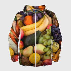 Мужская ветровка 3D с принтом Спелые фрукты в Новосибирске, 100% полиэстер | подол и капюшон оформлены резинкой с фиксаторами, два кармана без застежек по бокам, один потайной карман на груди | ананас | арбуз | банан | богатый урожай | виноград | горох | груша | еда | капуста | картофель | лук | морковь | овощи | огурец | перец | персик | слива | сочные плоды | томат | фасоль | фрукты | яблоко