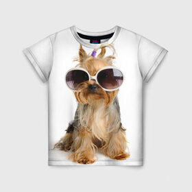 Детская футболка 3D с принтом Модница в Новосибирске, 100% гипоаллергенный полиэфир | прямой крой, круглый вырез горловины, длина до линии бедер, чуть спущенное плечо, ткань немного тянется | Тематика изображения на принте: fashion | животное | красавица | лучший друг | модница | няша | очки | причёска | собака | собачка | щенок | щеночек