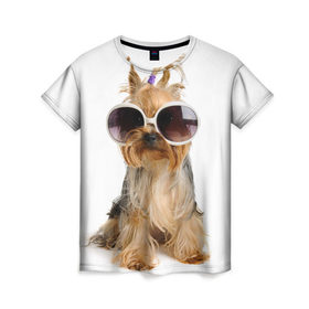 Женская футболка 3D с принтом Модница в Новосибирске, 100% полиэфир ( синтетическое хлопкоподобное полотно) | прямой крой, круглый вырез горловины, длина до линии бедер | fashion | животное | красавица | лучший друг | модница | няша | очки | причёска | собака | собачка | щенок | щеночек