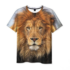 Мужская футболка 3D с принтом Красавец лев в Новосибирске, 100% полиэфир | прямой крой, круглый вырез горловины, длина до линии бедер | lion | грива | дикая кошка | добыча | животное | зверь | клыки | когти | король джунглей | лев | мясо | хищник | царь зверей