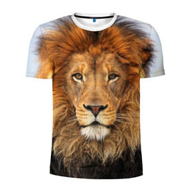 Мужская футболка 3D спортивная с принтом Красавец лев в Новосибирске, 100% полиэстер с улучшенными характеристиками | приталенный силуэт, круглая горловина, широкие плечи, сужается к линии бедра | Тематика изображения на принте: lion | грива | дикая кошка | добыча | животное | зверь | клыки | когти | король джунглей | лев | мясо | хищник | царь зверей