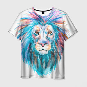 Мужская футболка 3D с принтом Живописный лев в Новосибирске, 100% полиэфир | прямой крой, круглый вырез горловины, длина до линии бедер | lion | грива | дикая кошка | добыча | животное | зверь | искусство | картина | клыки | когти | король джунглей | лев | макет | мясо | набросок | портрет | хищник | царь зверей | эскиз
