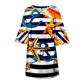 Детское платье 3D с принтом Моряк в Новосибирске, 100% полиэстер | прямой силуэт, чуть расширенный к низу. Круглая горловина, на рукавах — воланы | Тематика изображения на принте: звезда | полосы | ракушки | якорь