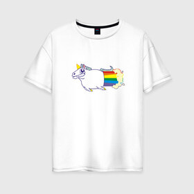 Женская футболка хлопок Oversize с принтом Радужный Единорожек в Новосибирске, 100% хлопок | свободный крой, круглый ворот, спущенный рукав, длина до линии бедер
 | единорог | лошадь | радуга
