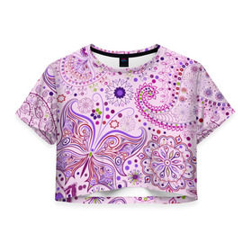 Женская футболка 3D укороченная с принтом Lady Butterfly в Новосибирске, 100% полиэстер | круглая горловина, длина футболки до линии талии, рукава с отворотами | винтаж | воздушный | индийские | кружева | новинки | узор | цветок | цветочный | этнические