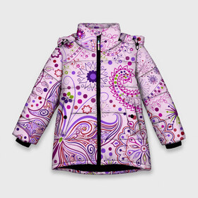 Зимняя куртка для девочек 3D с принтом Lady Butterfly в Новосибирске, ткань верха — 100% полиэстер; подклад — 100% полиэстер, утеплитель — 100% полиэстер. | длина ниже бедра, удлиненная спинка, воротник стойка и отстегивающийся капюшон. Есть боковые карманы с листочкой на кнопках, утяжки по низу изделия и внутренний карман на молнии. 

Предусмотрены светоотражающий принт на спинке, радужный светоотражающий элемент на пуллере молнии и на резинке для утяжки. | Тематика изображения на принте: винтаж | воздушный | индийские | кружева | новинки | узор | цветок | цветочный | этнические