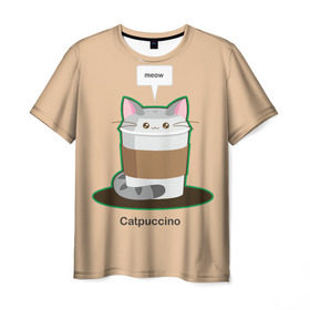 Мужская футболка 3D с принтом Catpuccino в Новосибирске, 100% полиэфир | прямой крой, круглый вырез горловины, длина до линии бедер | Тематика изображения на принте: capuccino | cat | catpuccino | meow | капуччино | кот | котпуччино | кофе | мяу | стакан