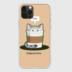 Чехол для iPhone 12 Pro с принтом Catpuccino в Новосибирске, силикон | область печати: задняя сторона чехла, без боковых панелей | Тематика изображения на принте: capuccino | cat | catpuccino | meow | капуччино | кот | котпуччино | кофе | мяу | стакан