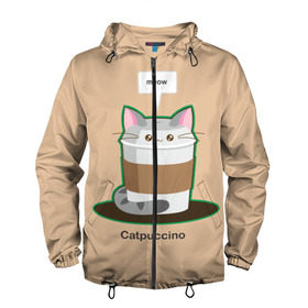 Мужская ветровка 3D с принтом Catpuccino в Новосибирске, 100% полиэстер | подол и капюшон оформлены резинкой с фиксаторами, два кармана без застежек по бокам, один потайной карман на груди | Тематика изображения на принте: capuccino | cat | catpuccino | meow | капуччино | кот | котпуччино | кофе | мяу | стакан