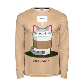 Мужской лонгслив 3D с принтом Catpuccino в Новосибирске, 100% полиэстер | длинные рукава, круглый вырез горловины, полуприлегающий силуэт | capuccino | cat | catpuccino | meow | капуччино | кот | котпуччино | кофе | мяу | стакан