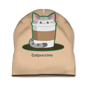 Шапка 3D с принтом Catpuccino в Новосибирске, 100% полиэстер | универсальный размер, печать по всей поверхности изделия | capuccino | cat | catpuccino | meow | капуччино | кот | котпуччино | кофе | мяу | стакан