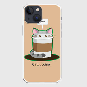 Чехол для iPhone 13 mini с принтом Catpuccino в Новосибирске,  |  | Тематика изображения на принте: capuccino | cat | catpuccino | meow | капуччино | кот | котпуччино | кофе | мяу | стакан