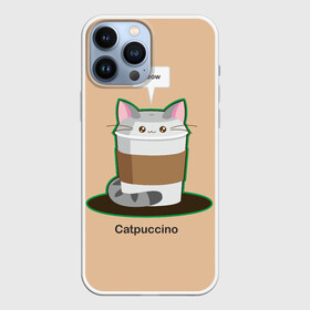 Чехол для iPhone 13 Pro Max с принтом Catpuccino в Новосибирске,  |  | Тематика изображения на принте: capuccino | cat | catpuccino | meow | капуччино | кот | котпуччино | кофе | мяу | стакан