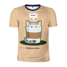 Мужская футболка 3D спортивная с принтом Catpuccino в Новосибирске, 100% полиэстер с улучшенными характеристиками | приталенный силуэт, круглая горловина, широкие плечи, сужается к линии бедра | capuccino | cat | catpuccino | meow | капуччино | кот | котпуччино | кофе | мяу | стакан