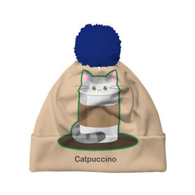 Шапка 3D c помпоном с принтом Catpuccino в Новосибирске, 100% полиэстер | универсальный размер, печать по всей поверхности изделия | capuccino | cat | catpuccino | meow | капуччино | кот | котпуччино | кофе | мяу | стакан
