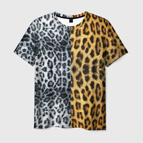 Мужская футболка 3D с принтом Леопард/Снежный Барс в Новосибирске, 100% полиэфир | прямой крой, круглый вырез горловины, длина до линии бедер | textures | барс | животное | леопард | пятна | снежный | текстура | чёрное с белым