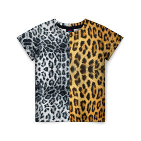 Детская футболка 3D с принтом Леопард/Снежный Барс в Новосибирске, 100% гипоаллергенный полиэфир | прямой крой, круглый вырез горловины, длина до линии бедер, чуть спущенное плечо, ткань немного тянется | Тематика изображения на принте: textures | барс | животное | леопард | пятна | снежный | текстура | чёрное с белым