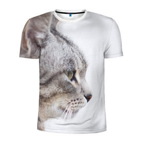 Мужская футболка 3D спортивная с принтом Серый кот в Новосибирске, 100% полиэстер с улучшенными характеристиками | приталенный силуэт, круглая горловина, широкие плечи, сужается к линии бедра | взгляд | глаза | голова животного | киска | кот | котёнок | кошка | прикольные картинки