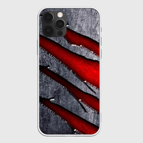 Чехол для iPhone 12 Pro с принтом Следы когтей на металле в Новосибирске, силикон | область печати: задняя сторона чехла, без боковых панелей | когти | красный | металл | серебристый | следы | текстура