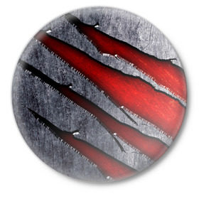 Значок с принтом Следы когтей на металле в Новосибирске,  металл | круглая форма, металлическая застежка в виде булавки | когти | красный | металл | серебристый | следы | текстура