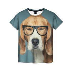 Женская футболка 3D с принтом Бигль в Новосибирске, 100% полиэфир ( синтетическое хлопкоподобное полотно) | прямой крой, круглый вырез горловины, длина до линии бедер | бигль | гончая | дворняжка | охотничья | песик | песики | собака | собаки