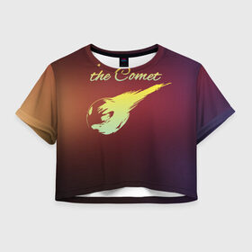 Женская футболка 3D укороченная с принтом Летящая комета в Новосибирске, 100% полиэстер | круглая горловина, длина футболки до линии талии, рукава с отворотами | Тематика изображения на принте: комета | космос | красиво | надписи | планета