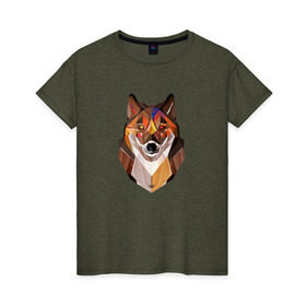 Женская футболка хлопок с принтом Wolf в Новосибирске, 100% хлопок | прямой крой, круглый вырез горловины, длина до линии бедер, слегка спущенное плечо | 3d | 3д | autumn | forest | nature | wolf | абстракция | волк | геометрия | лес | осень | природа | хищник