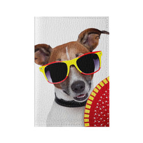 Обложка для паспорта матовая кожа с принтом Джек Рассел с веером в Новосибирске, натуральная матовая кожа | размер 19,3 х 13,7 см; прозрачные пластиковые крепления | Тематика изображения на принте: джек рассел | песик | песики | собака | собаки | терьер