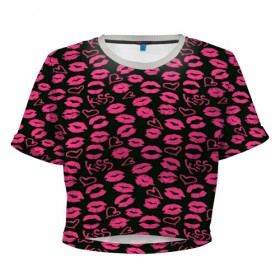 Женская футболка 3D укороченная с принтом Kiss в Новосибирске, 100% полиэстер | круглая горловина, длина футболки до линии талии, рукава с отворотами | губы | любовь | нежные | поцелуй | розовый | сердечки