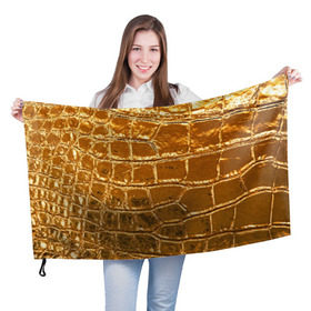 Флаг 3D с принтом Золотой Крокодил в Новосибирске, 100% полиэстер | плотность ткани — 95 г/м2, размер — 67 х 109 см. Принт наносится с одной стороны | Тематика изображения на принте: gold | texture | глянец | золото | кожа | крокодил | текстура