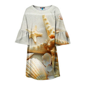 Детское платье 3D с принтом Морской пляж 5 в Новосибирске, 100% полиэстер | прямой силуэт, чуть расширенный к низу. Круглая горловина, на рукавах — воланы | Тематика изображения на принте: море | морская звезда | песок | пляж | ракушки | туризм | турист