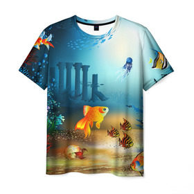 Мужская футболка 3D с принтом Золотая рыбка в Новосибирске, 100% полиэфир | прямой крой, круглый вырез горловины, длина до линии бедер | вода | водоросли | море | подводный мир | природа | рыба | рыбка | туризм