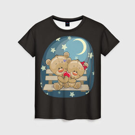 Женская футболка 3D с принтом Ночь любви в Новосибирске, 100% полиэфир ( синтетическое хлопкоподобное полотно) | прямой крой, круглый вырез горловины, длина до линии бедер | Тематика изображения на принте: верность | зайчик | котенок | любовь | милые | мишка | нежность | новинки | романтик | сердце