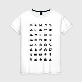 Женская футболка хлопок с принтом Iconspeak в Новосибирске, 100% хлопок | прямой крой, круглый вырез горловины, длина до линии бедер, слегка спущенное плечо | Тематика изображения на принте: знаки | символы | турист