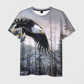 Мужская футболка 3D с принтом Орел в Новосибирске, 100% полиэфир | прямой крой, круглый вырез горловины, длина до линии бедер | дерево | животные | лес | небо | орел | природа | птица