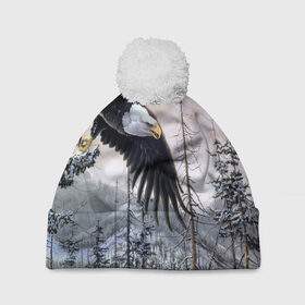 Шапка 3D c помпоном с принтом Орел в Новосибирске, 100% полиэстер | универсальный размер, печать по всей поверхности изделия | дерево | животные | лес | небо | орел | природа | птица