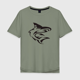 Мужская футболка хлопок Oversize с принтом Акула трайбл в Новосибирске, 100% хлопок | свободный крой, круглый ворот, “спинка” длиннее передней части | Тематика изображения на принте: акула | животные | тату | трайбл