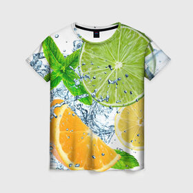 Женская футболка 3D с принтом Вкус лета в Новосибирске, 100% полиэфир ( синтетическое хлопкоподобное полотно) | прямой крой, круглый вырез горловины, длина до линии бедер | вода | еда | зима | искусство | лайм | лимон | листья | новинки | природа | солнце | фрукты