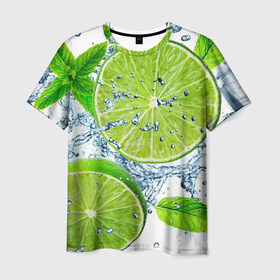 Мужская футболка 3D с принтом Свежесть лайма в Новосибирске, 100% полиэфир | прямой крой, круглый вырез горловины, длина до линии бедер | бармен | витамины | диета | коктель | куб | лед | мороз | новинки | холодный | цвет