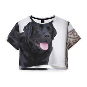Женская футболка 3D укороченная с принтом Черный лабрадор в Новосибирске, 100% полиэстер | круглая горловина, длина футболки до линии талии, рукава с отворотами | большая | золотистый | лабрадор | лабрадоры | палевый | песик | ретривер | собака | собаки