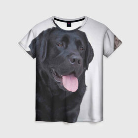 Женская футболка 3D с принтом Черный лабрадор в Новосибирске, 100% полиэфир ( синтетическое хлопкоподобное полотно) | прямой крой, круглый вырез горловины, длина до линии бедер | большая | золотистый | лабрадор | лабрадоры | палевый | песик | ретривер | собака | собаки